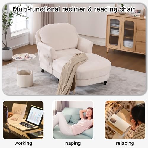 Chaise Lounge Chair Indoor, 59.8" Oversized Couch Reading Chairs，Chenille Comfortable Deep Sleeping Single Sofa, Upholstered Modern Couch Sofa Bed for Living Room, Bedroom & Apartment (Beige)