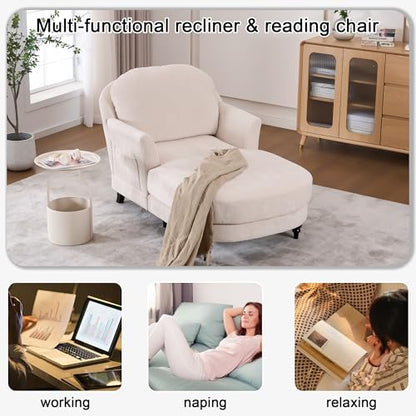 Chaise Lounge Chair Indoor, 59.8" Oversized Couch Reading Chairs，Chenille Comfortable Deep Sleeping Single Sofa, Upholstered Modern Couch Sofa Bed for Living Room, Bedroom & Apartment (Beige)
