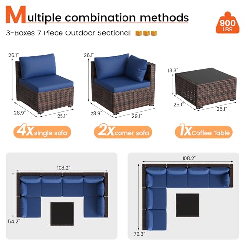 Patio Furniture Set, 7-Piece Outdoor Sectional Rattan Sofa Set with Coffee Table (Navy Blue Cushions with Brown Rattan)