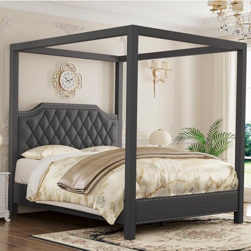 Upholstered Canopy Bed Queen Size with Button Tufted headboard, view 8