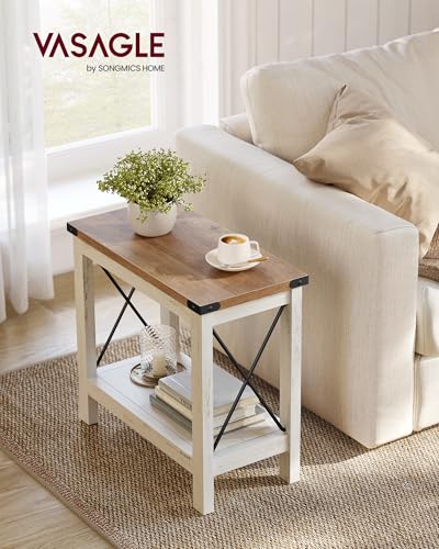 VASAGLE 2-Tier End Table, Side Table with Bottom Shelf, Nightstand for Small Spaces, for Living Room, Bedroom, Farmhouse Style, Rustic White and Honey Brown ULET235W01