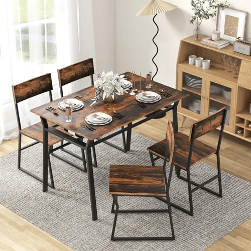 Dining Table Set for 4, Kitchen Table and Chairs for 4 with Storage Rack, Space-Saving Dinette Set for Kitchen Dining Room (Rustic Brown)