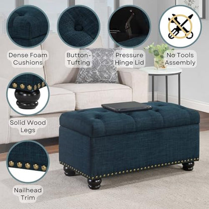Designs4Comfort 7th Avenue Ottoman Bench 35.5" - Modern Upholstered Footstool & Seat with Hinged Lid & Storage, for Living Room, Bedroom, & Entryway, Dark Blue Fabric