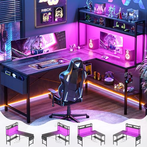 59" L Shaped Desk Gaming Desk with LED Light & Power Outlet, view 2