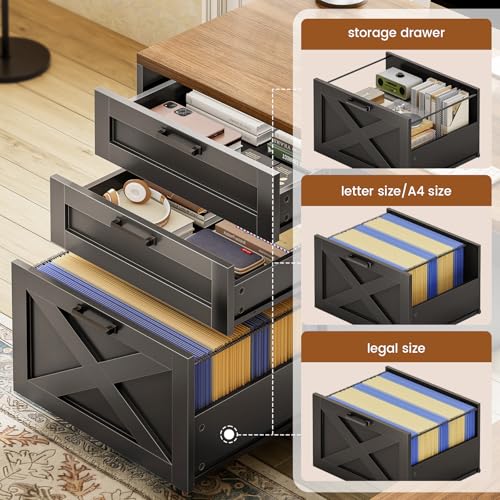 67" Farmhouse L Shaped Desk with Hutch, Black+Brown, view 4