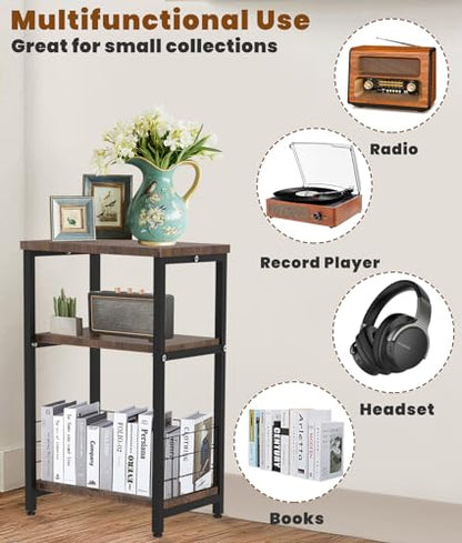 Record Player Stand, 3 Tier Side End Table with Vinyl Record Storage Basket, Turntable up to 100 Albums Record Shelf Display Holder Cabinet for Living Room, Bedroom, Office, Black