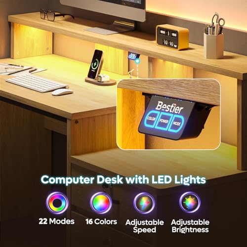 55-Inch Computer Desk with Power Outlets & LED Lights, Natural Oak, view 5