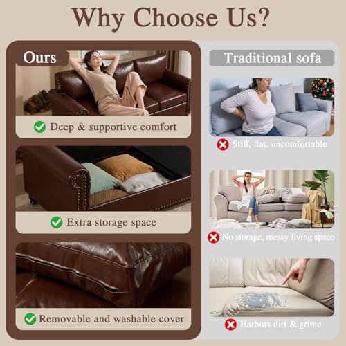 79” Leather Sofa Couch with Storage, Mid Century Modern Rolled Arm Couches for Living Room Furniture, Nailhead Trim, Dark Brown