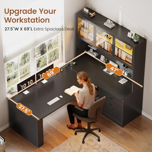 L Shaped Computer Desk, L Shaped Corner Gaming Desk with 3 Wood Drawer and Large Bookshelf, Home Office Desk with LED Light, Display Cabinet and Pegboard, 27.5" W Large Desktop Table, Black