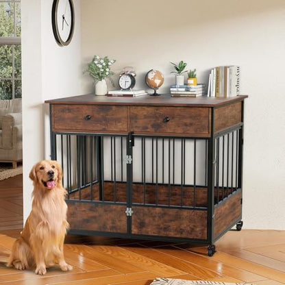 44.5" Dog Crate Furniture, Wooden Dog Kennel with Storage Drawers, view 3