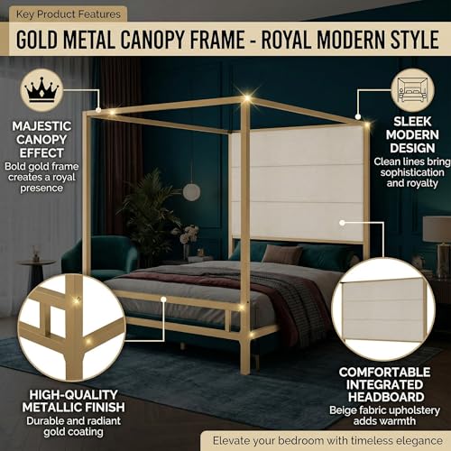 JIJIWANG Queen Size Canopy Bed Frame with Linen Headboard & 4-Poster, Gold, view 7
