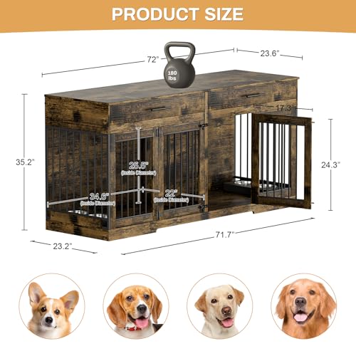 72" Double Dog Crate Furniture for Medium Large Dogs, Rustic Brown, view 3