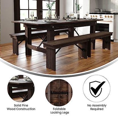HERCULES 7' x 40" Rectangular Antique Rustic Solid Pine Folding Farm Table, Mahogany