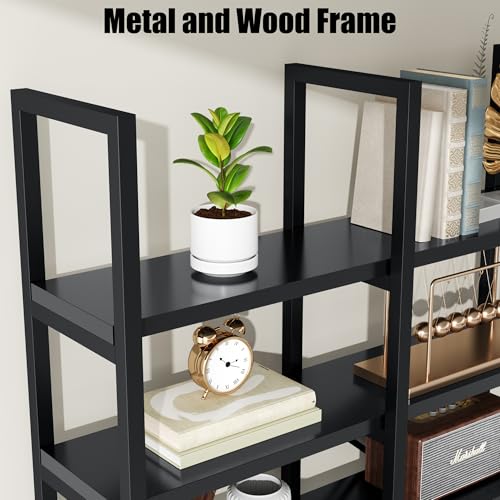 Large Bookshelf 5 Tiers, Triple Wide Geometric Bookcase, 71 Inches Tall Industrial Book Shelves Etagere Book Case, Sturdy Metal Frame, Freestanding Display Shelving Unit (Black)
