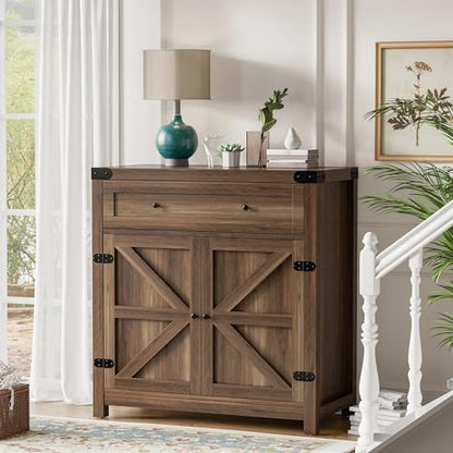 Coffee Bar Cabinet with Storage,Sideboard Buffet Cabinet with 1 Drawer and 2 Barn Doors,Kitchen Storage Cabinet for Kitchen, Living Room, Entryway (Brown)