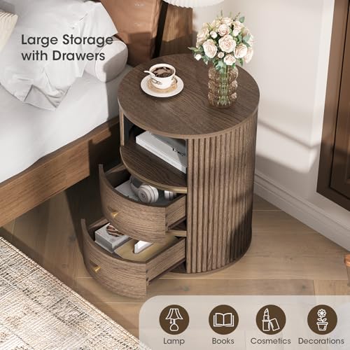 Walnut Round End Table with Storage, Open Shelf and 2 Drawers | 24" Tall Sofa Side Table, Mid Century Modern Nightstand for Living Room, Bedroom, Beside Sofa, Accent Piece, Easy Assembly