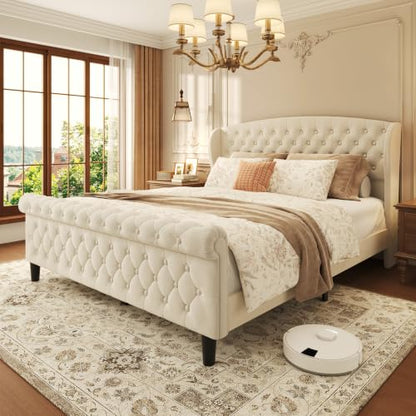 Queen Velvet Sleigh Bed Light Beige, view 2