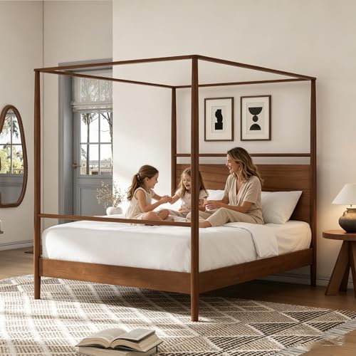 Queen Size Wood Canopy Bed Frame, Walnut Vintage Four-Posters Frames, view 4