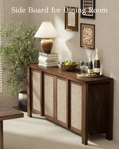 Buffet Cabinet with Storage, 63" Wide Sideboard with Solid Wood Handles and Rattan Look Accent Doors, Flexible Shelves, for Living Room, Kitchen, Dark Walnut