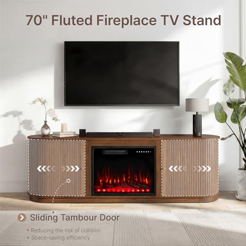 70'' Fluted Fireplace TV Stand for TVs Up to 80", Sliding Tambour Doors, view 4