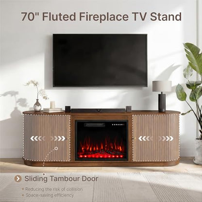 70'' Fluted Fireplace TV Stand for TVs Up to 80", Sliding Tambour Doors, view 4
