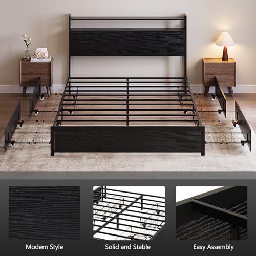 Metal Bed Frame King with 4 Drawers and Storage Headboard, view 8
