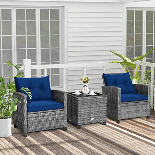 3 Pieces Patio Conversation Set, Outdoor Furniture Set PE Rattan Sofa Set with Removable Cushions, PE Wicker Chairs with Tempered Glass Side Table for Porch Lawn Garden Balcony Backyard