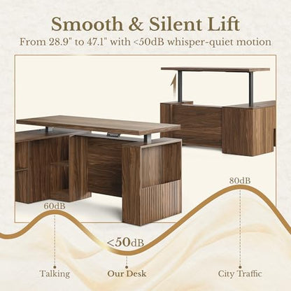 63 Inches L Shaped Standing Desk, Executive Electric Adjustable Desk with Storage Drawers and File Cabinet, AC/USB, 1.18" Thiken Desktop and Privacy Panel for Home Office, Black Walnut