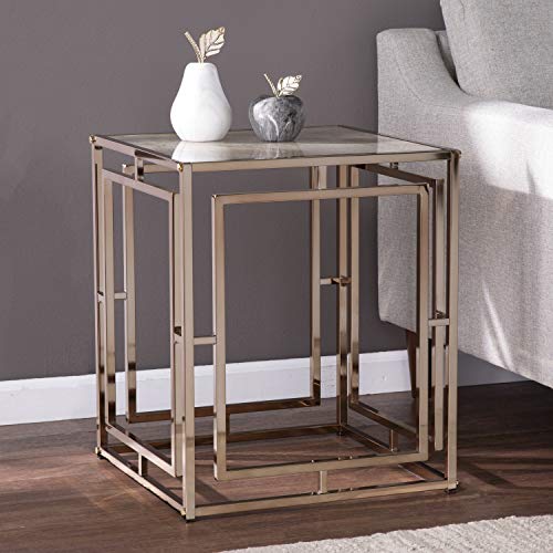 Simondley Faux Marble End Table - Transitional Design, Champagne Metal and Glass - Ideal for Living Room, Bedroom (CK1125002)