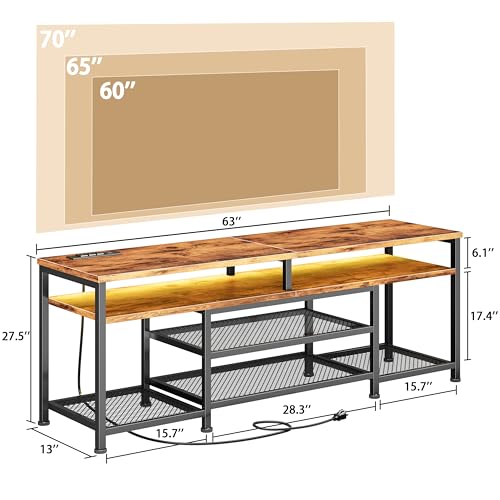 63 Inch TV Stand with Power Outlets & LED Lights, Rustic Brown, view 3