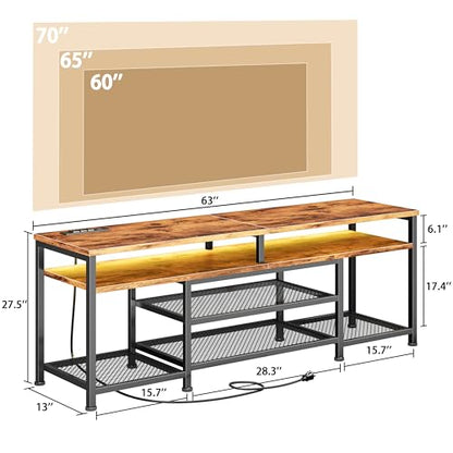 63 Inch TV Stand with Power Outlets & LED Lights, Rustic Brown, view 3