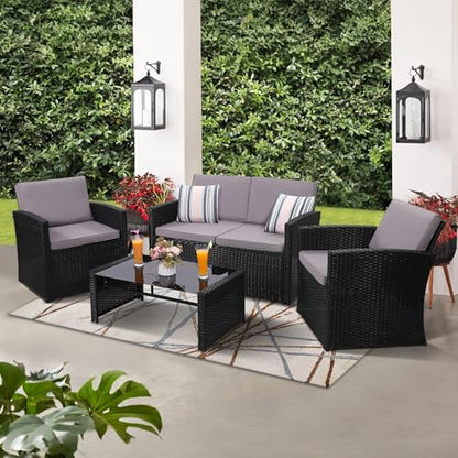 4-Piece Patio Furniture Set, Wicker Outdoor Rattan Sectional Sofa with Cushions and Glass Table, All-Weather Outdoor Conversation Set for Garden, Porch, Backyard, Patio, Black and Grey