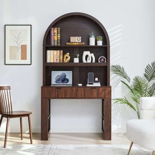 Arched Office Desk with Hutch, Dark Walnut, Desktop 39.4" Wx 19.7"D, view 5