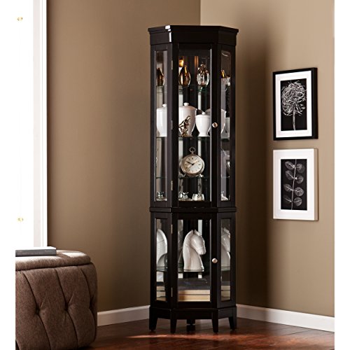 Essex Corner Curio Cabinet - Adjustable Glass Shelves - 2 Tier With Black Finish, Transitional Style Pine, Black