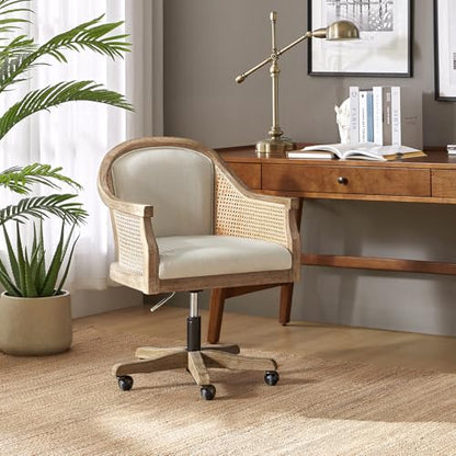 Rattan Desk Chair, Wooden Upholstered Home Office Chair, Ivory, view 7