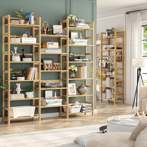 Bamboo Bookshelf, 71” Tall Triple Wide Bookcase with 17 Open Storage Shelves, 6-Tier Etagere with Back Rails, Large Display Shelf for Books, Plants, Home Office, Living Room, Max Load 748LBS