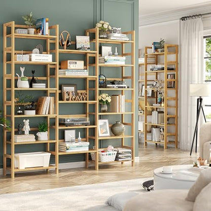Bamboo Bookshelf, 71” Tall Triple Wide Bookcase with 17 Open Storage Shelves, 6-Tier Etagere with Back Rails, Large Display Shelf for Books, Plants, Home Office, Living Room, Max Load 748LBS