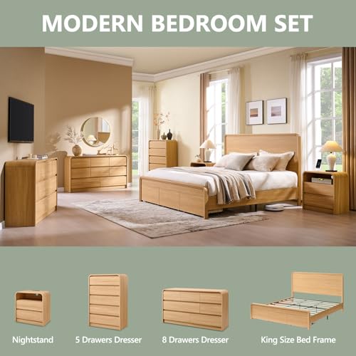 Modern King Size Bed Frame with 50" Tall Headboard, Natural Oak, view 7