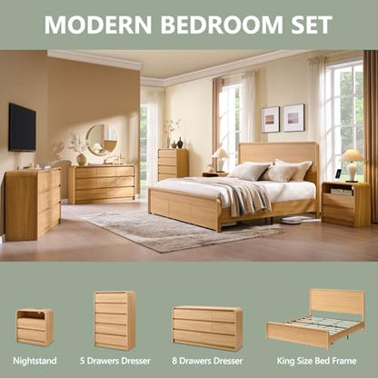Modern King Size Bed Frame with 50" Tall Headboard, Natural Oak, view 7