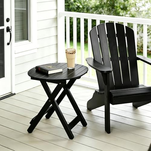 Outdoor Small Table, Round Folding Wooden Patio Side Table Furniture End Table for Adirondack Chair, Balcony, Porch, No Assembly Required, Black