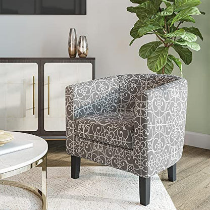 Accent Barrel Chair, Linen Round Chair Club Tub Sofa Corner Chair with Flared Legs and Cozy Soft Padding for Living Room Bedroom Waiting Room - White & Gray