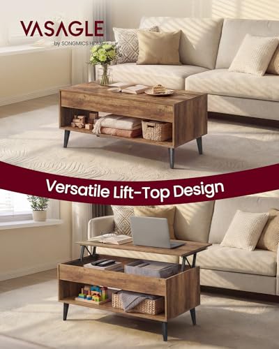 VASAGLE Lift Top Coffee Table, Lift Tabletop Dining Table, Gas Spring, Hidden Compartment, Open Storage Shelf, for Living Room, Home Office, Honey Brown ULCT268KB01S