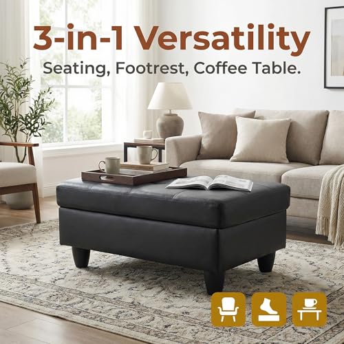 Large Faux Leather Ottoman Foot Rest Stool with Storage,33 in x 22 in x 17 in Stylish Storage Bench for Living Room and Bedroom Accent Piece (Black-Leather)