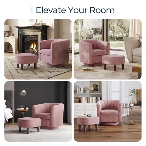 Swivel Accent Chair Ottoman Set: Velvet Small Barrel Chair with Foot Rest, Modern Reading Chair Upholstered Armchair with Footrest for Living Room Bedroom Study Room Office (Pink)