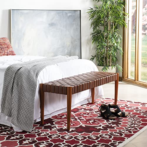 SAFAVIEH Furniture - Amalia Bench - Cognac & Dark Brown - Solid Wood - Modern Leather Design - Ideal for Entryway, Bedroom, Living Room, 18" Seat Height (BCH1001A)