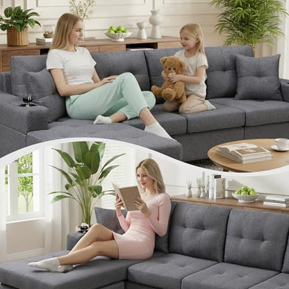 Sectional Sofa Couch, Modern 4-Seaters Living Room Furniture Sets with Reversible Chaise Lounge & 2 Pillows | L Shape Couch | Cup Holders | Linen Fabric, Gray