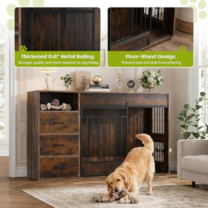 59.8 Inch Large Dog Crate Furniture with 3 Storage Drawers, view 6