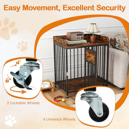 GINATEX 27.5" Dog Crate Furniture with Wheels, Indoor Dog Kennel End Table, view 3