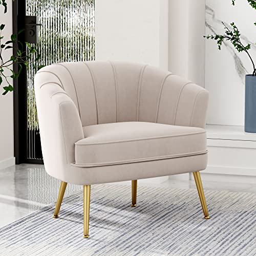 Velvet Accent Chair, Upholstered Modern Single Sofa Side Chair,Comfy Barrel Club Living Room Armchair with Golden Metal Legs for Bedroom Living Reading Room Office, Beige