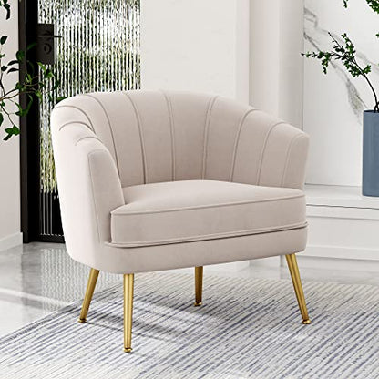 Velvet Accent Chair, Upholstered Modern Single Sofa Side Chair,Comfy Barrel Club Living Room Armchair with Golden Metal Legs for Bedroom Living Reading Room Office, Beige